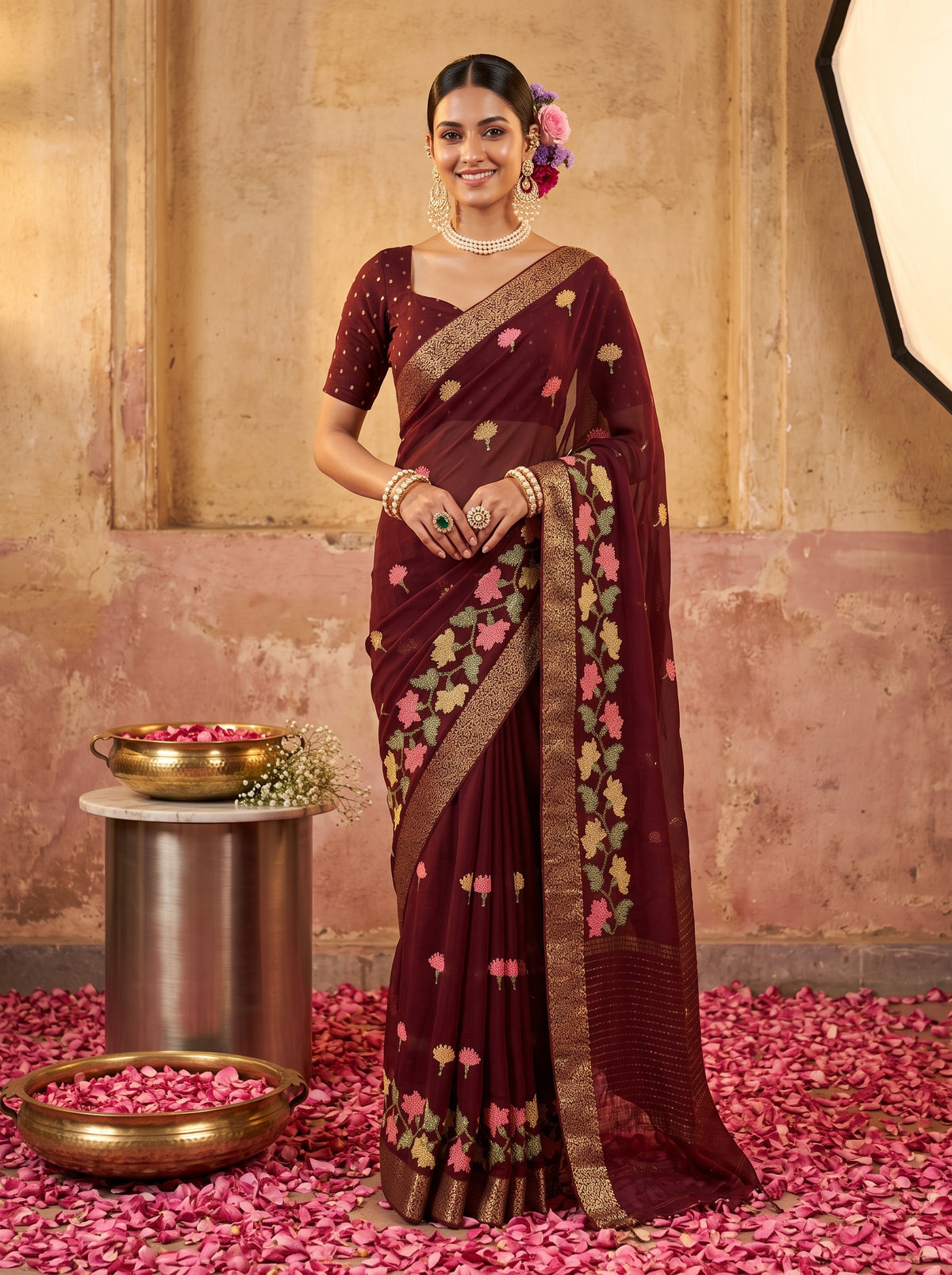 MIMOSA Chocolate Jaipur Pure Viscose Chiffon Saree — model full shot