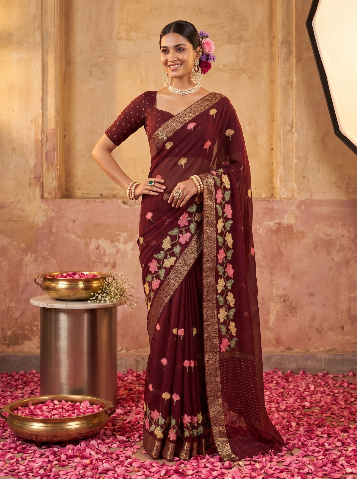 MIMOSA Chocolate Jaipur Pure Viscose Chiffon Saree — model mid section
