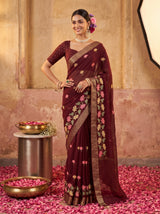 MIMOSA Chocolate Jaipur Pure Viscose Chiffon Saree — model mid section