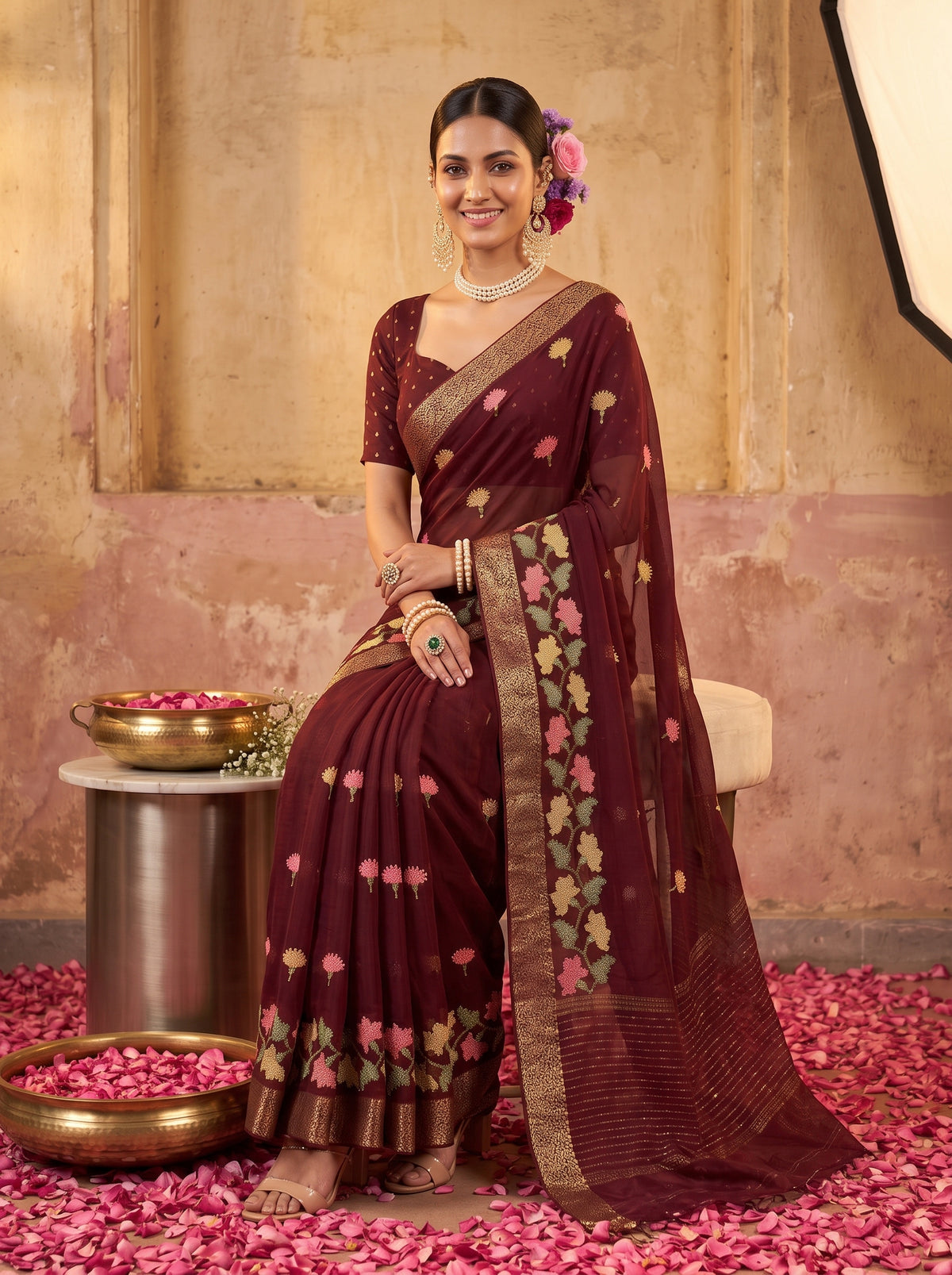 MIMOSA Chocolate Jaipur Saree — pose 8 styling detail