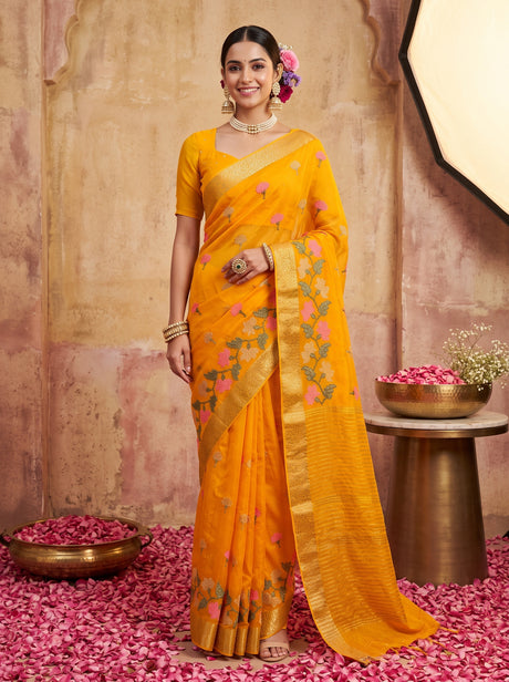MIMOSA Gold Jaipur Pure Viscose Chiffon Saree — model full shot