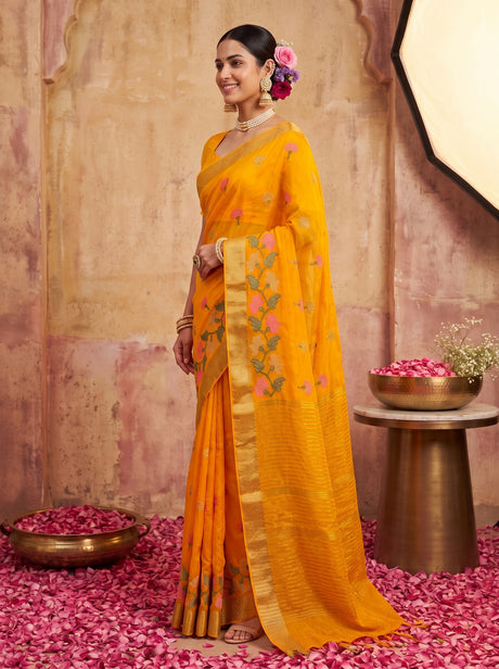 MIMOSA Gold Jaipur Pure Viscose Chiffon Saree — model upper body