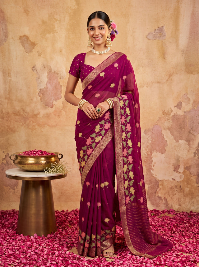 MIMOSA Magenta Jaipur Pure Viscose Chiffon Saree — model full shot
