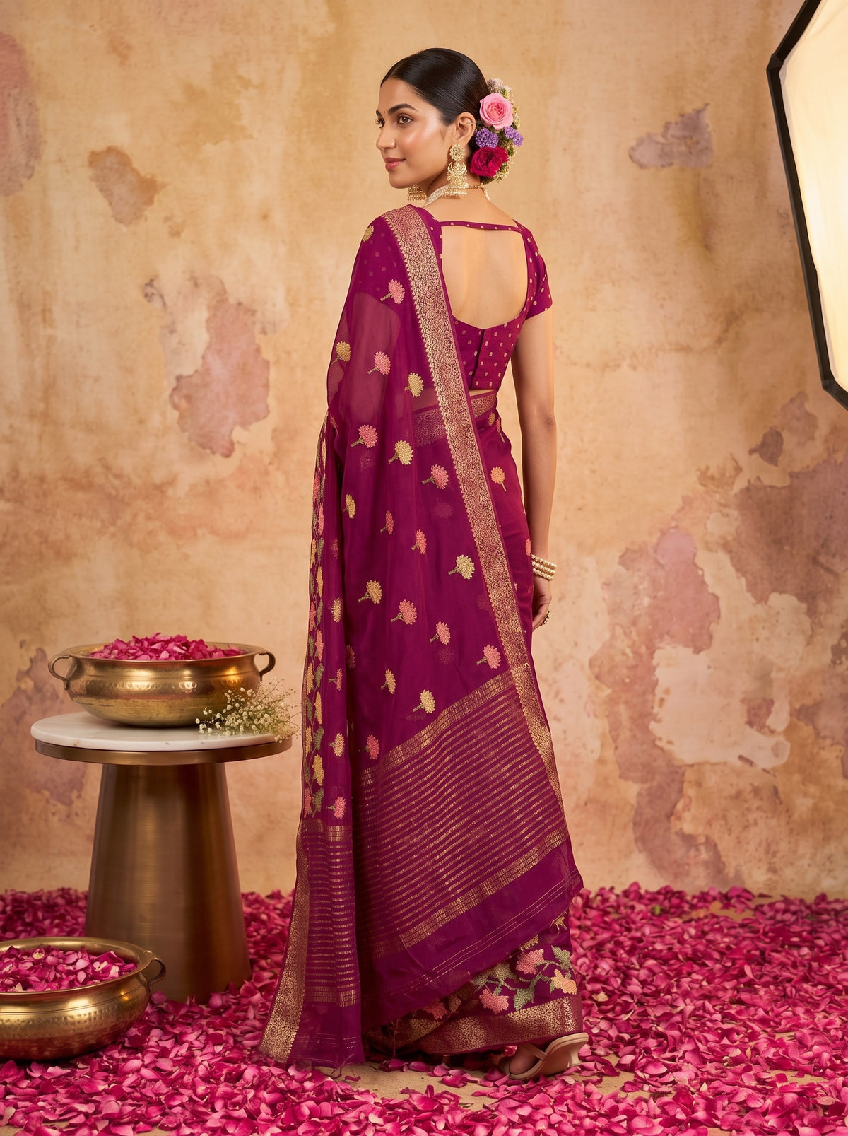 MIMOSA Magenta Jaipur Pure Viscose Chiffon Saree — full saree shot