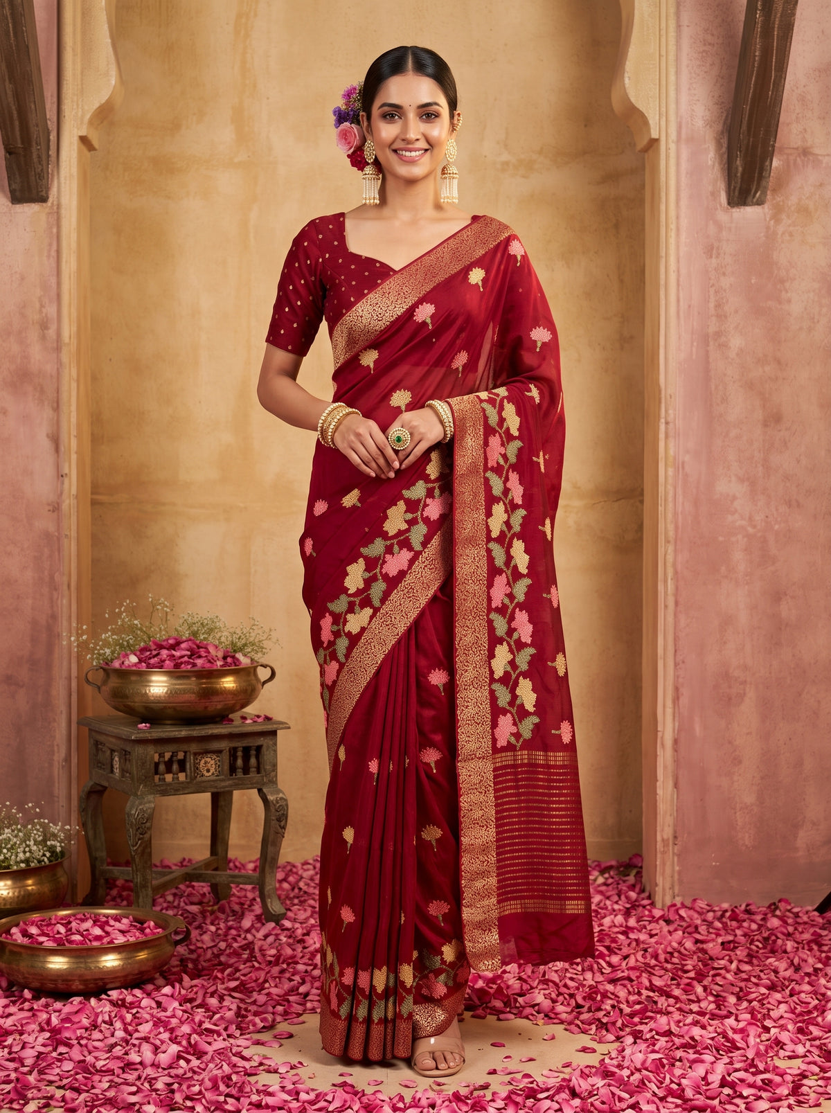 MIMOSA Maroon Jaipur Pure Viscose Chiffon Saree — model full shot