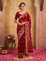 MIMOSA Maroon Jaipur Pure Viscose Chiffon Saree — model full shot