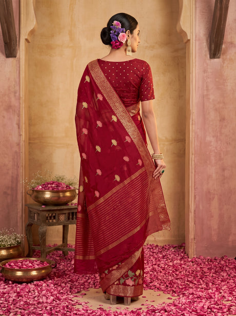 MIMOSA Maroon Jaipur Pure Viscose Chiffon Saree — model upper body