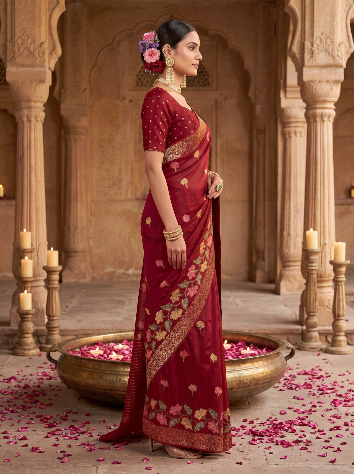 MIMOSA Maroon Jaipur Pure Viscose Chiffon Saree — model mid section