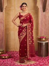 MIMOSA Maroon Jaipur Pure Viscose Chiffon Saree — model lower body