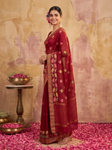 MIMOSA Maroon Jaipur Pure Viscose Chiffon Saree — full saree shot