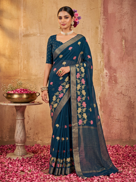 MIMOSA Navy Jaipur Pure Viscose Chiffon Saree — model full shot
