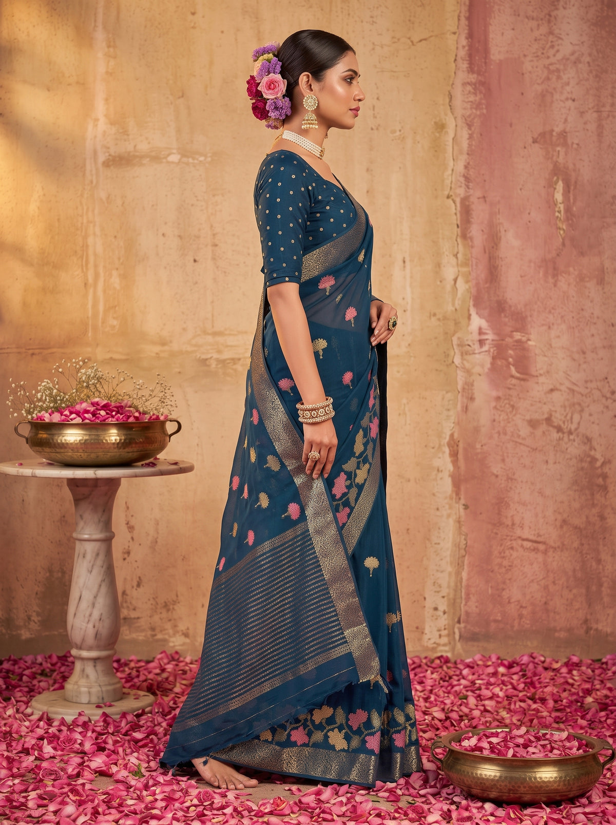MIMOSA Navy Jaipur Pure Viscose Chiffon Saree — model upper body