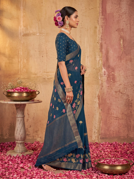 MIMOSA Navy Jaipur Pure Viscose Chiffon Saree — model upper body