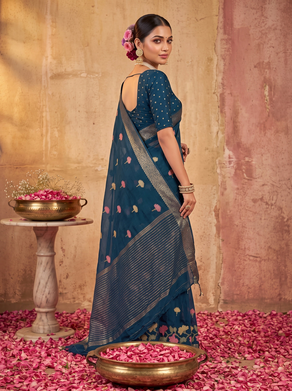MIMOSA Navy Jaipur Pure Viscose Chiffon Saree — model lower body