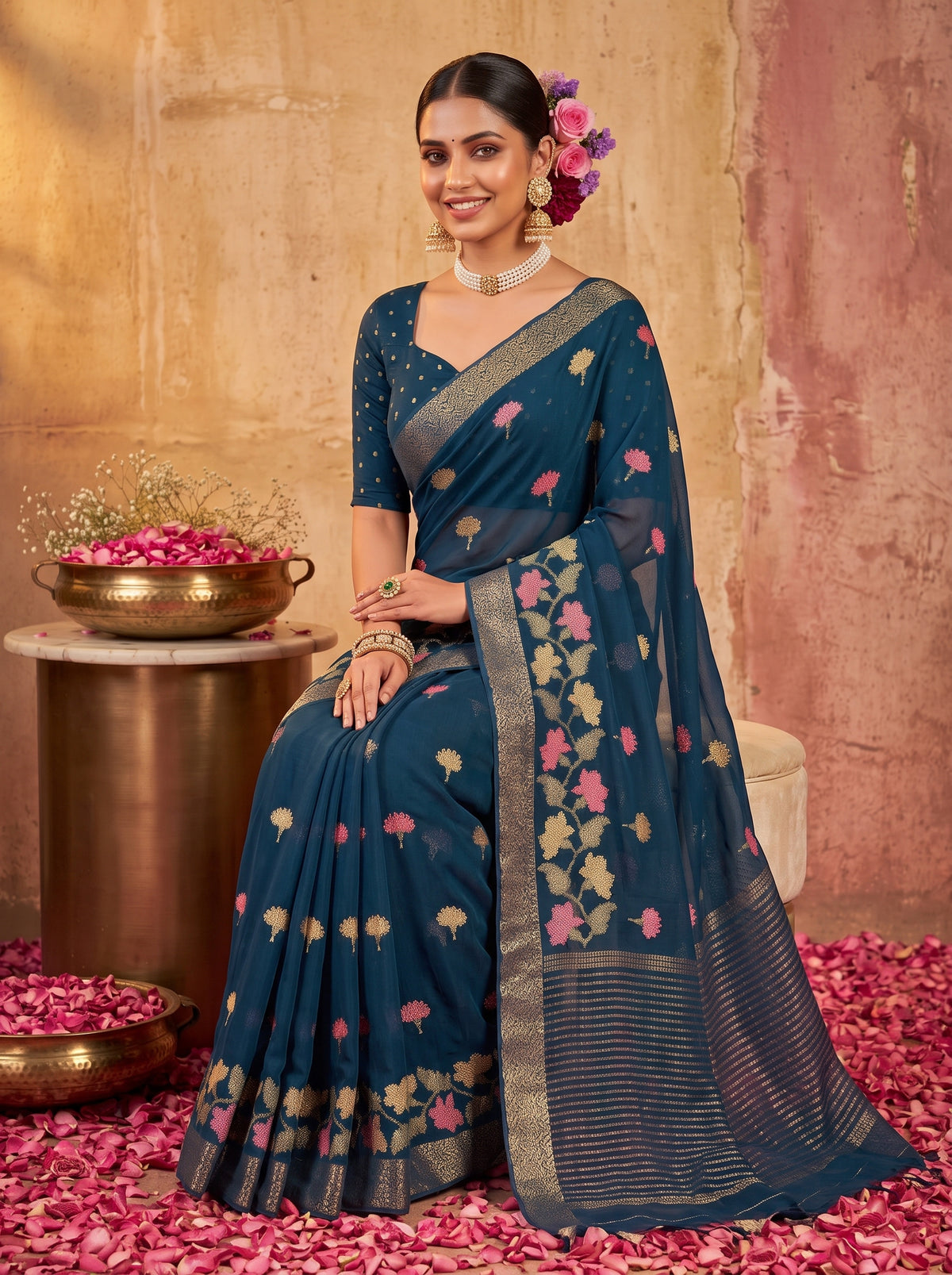 MIMOSA Navy Jaipur Saree — pose 8 styling detail