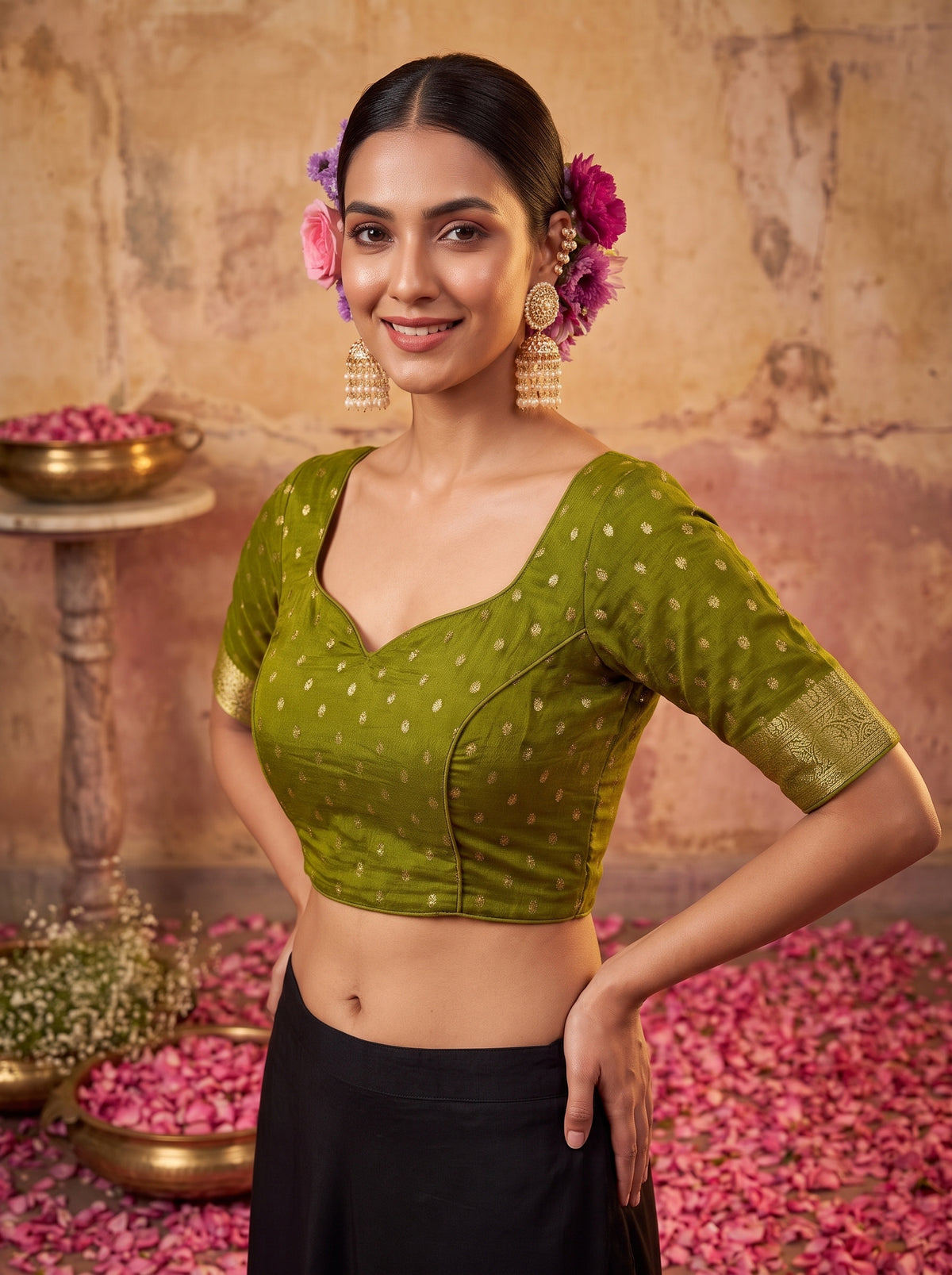 MIMOSA Olive Jaipur Saree — blouse close-up