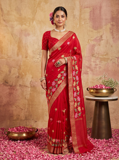 MIMOSA Red Jaipur Pure Viscose Chiffon Saree — model full shot