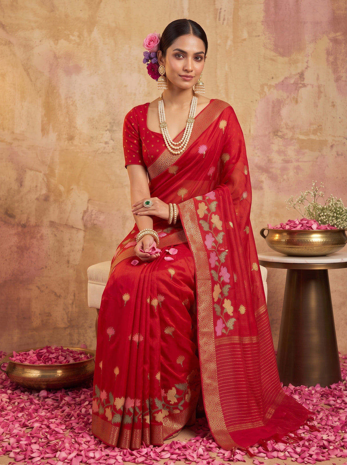 MIMOSA Red Jaipur Saree — pose 8 styling detail