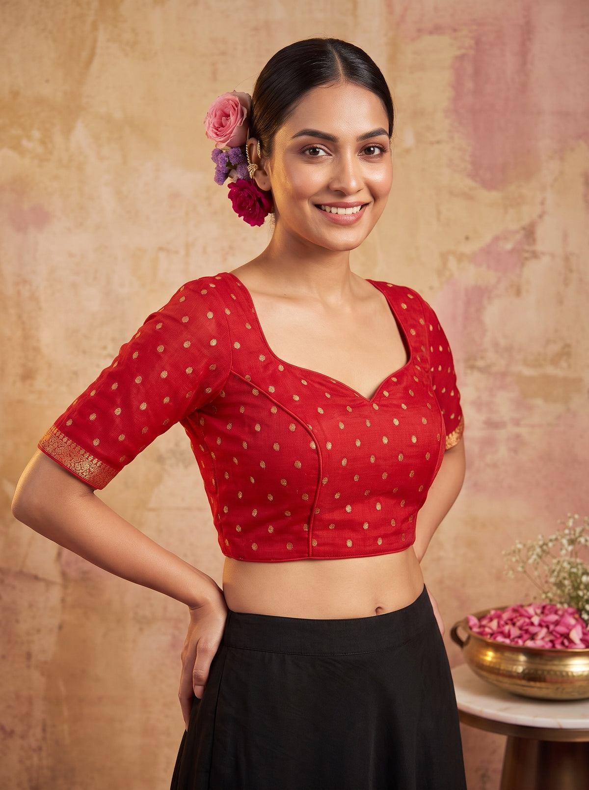 MIMOSA Red Jaipur Saree — blouse close-up