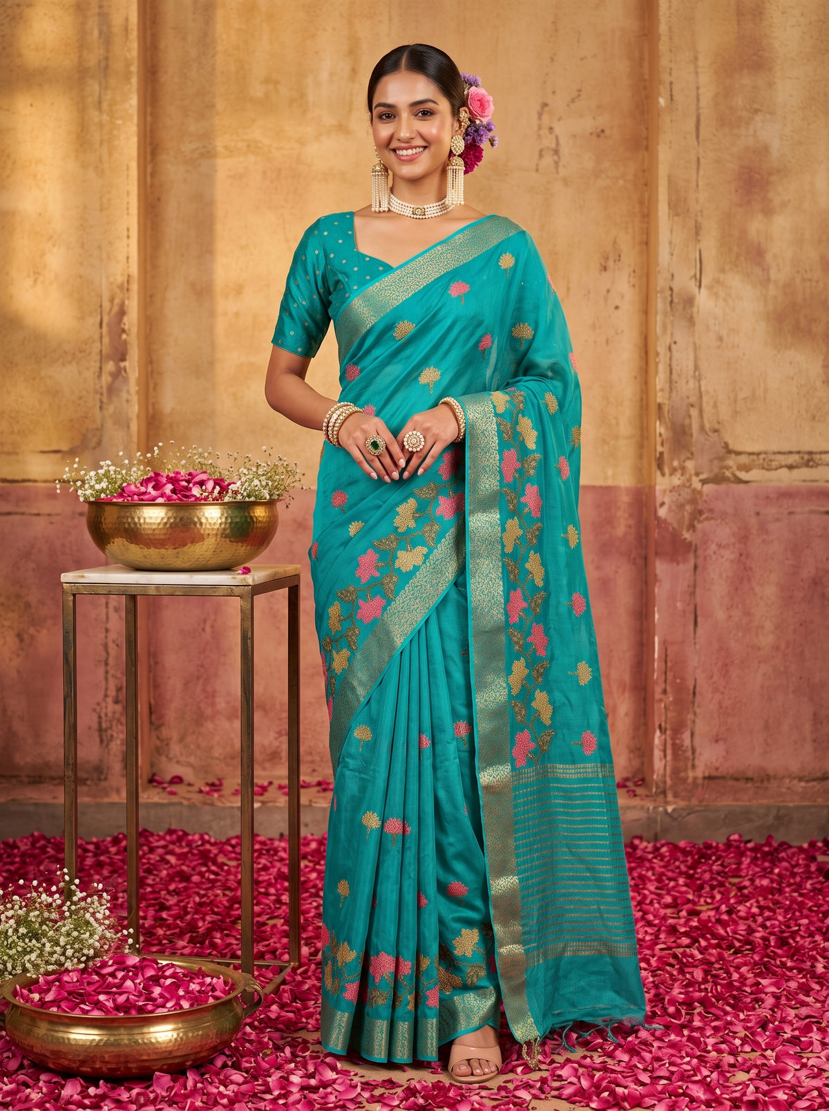 MIMOSA Rama Jaipur Pure Viscose Chiffon Saree — model full shot