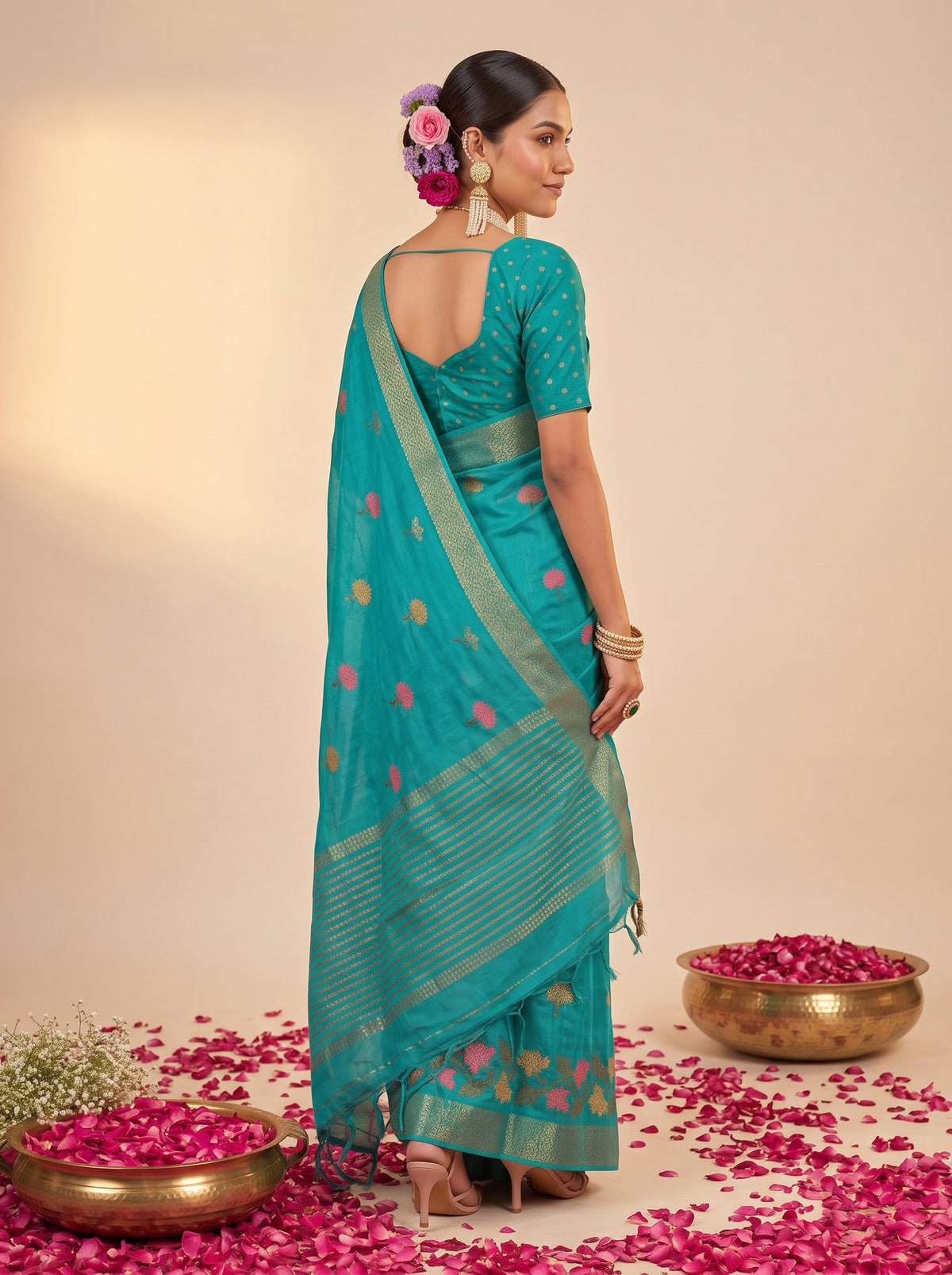 MIMOSA Rama Jaipur Pure Viscose Chiffon Saree — full saree shot