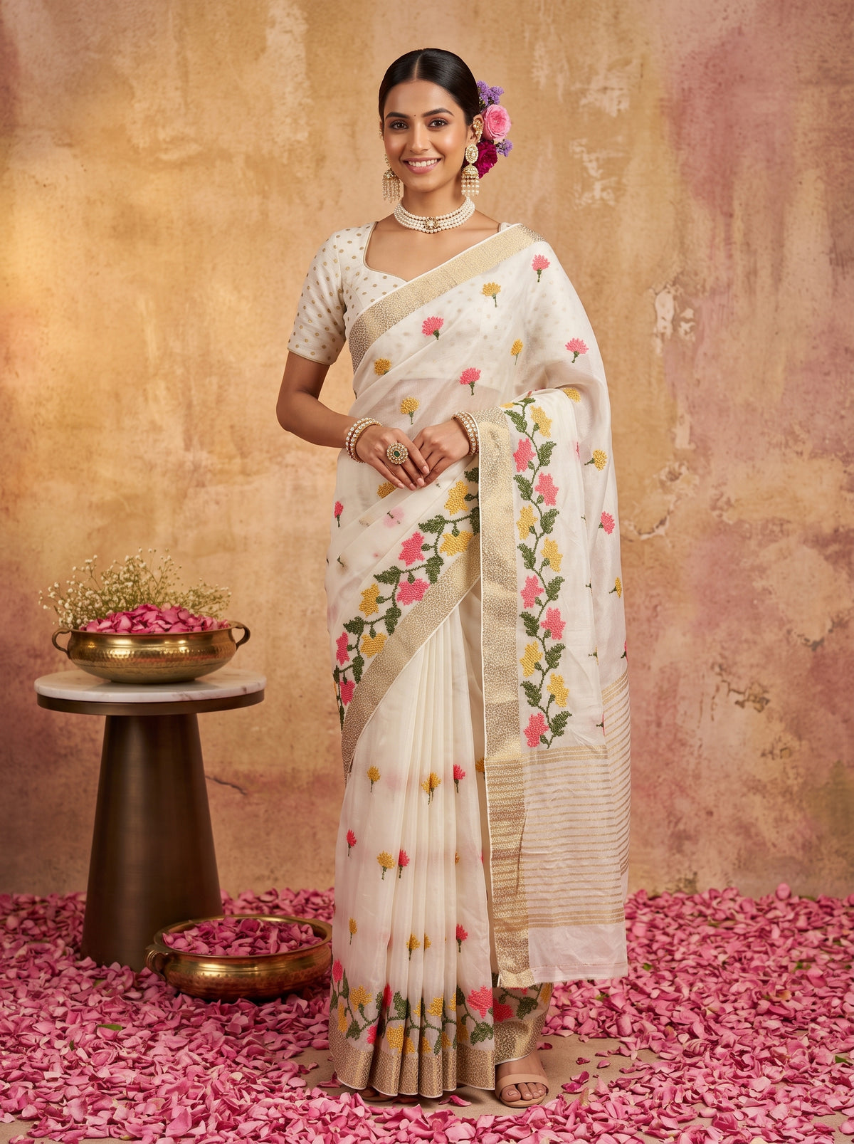 MIMOSA White Jaipur Pure Viscose Chiffon Saree — model full shot