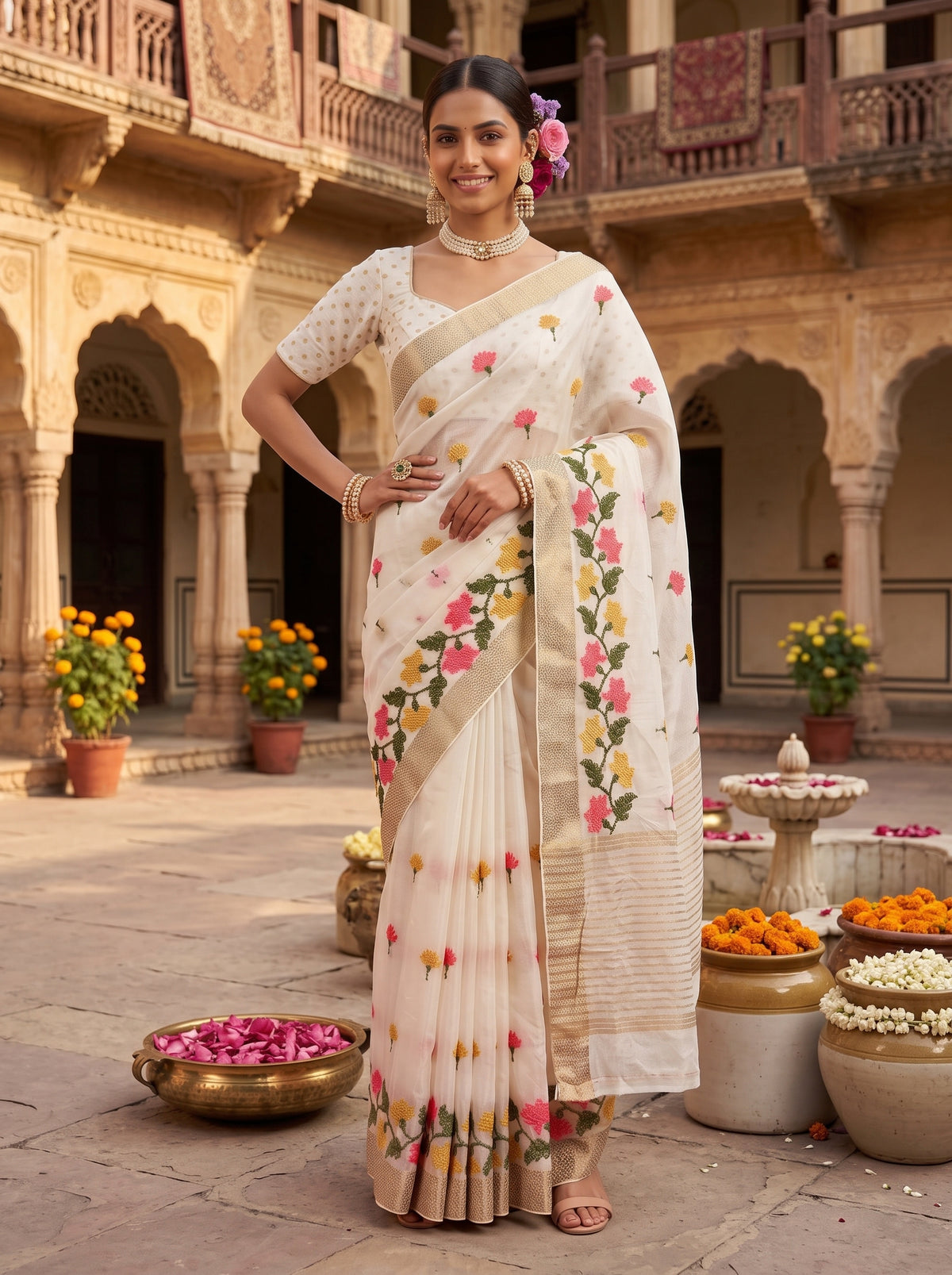 MIMOSA White Jaipur Pure Viscose Chiffon Saree — model lower body
