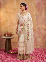 MIMOSA White Jaipur Pure Viscose Chiffon Saree — full saree shot