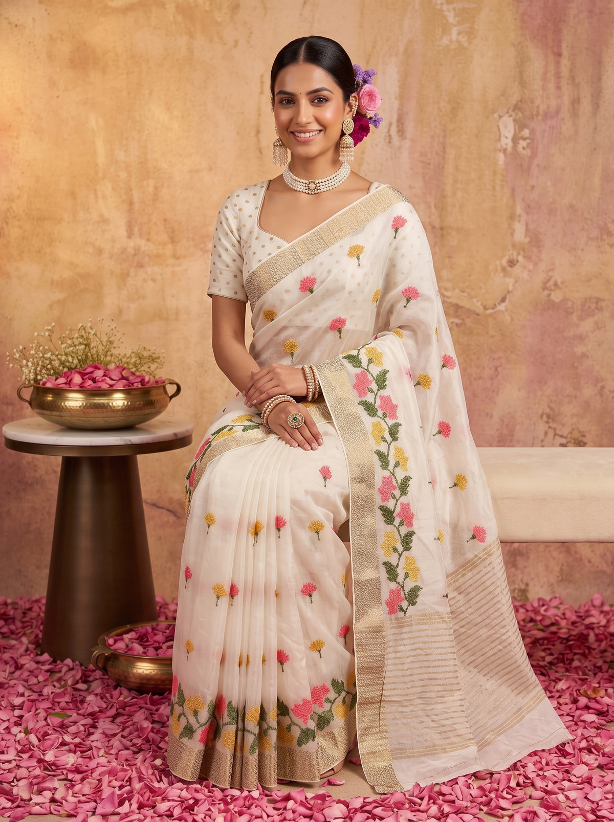 MIMOSA White Jaipur Saree — pose 8 styling detail