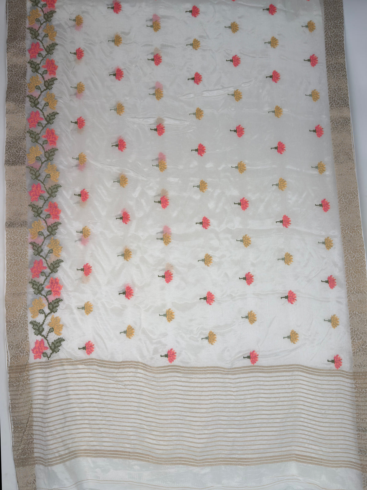 MIMOSA White Jaipur Saree — pallu and zari work detail