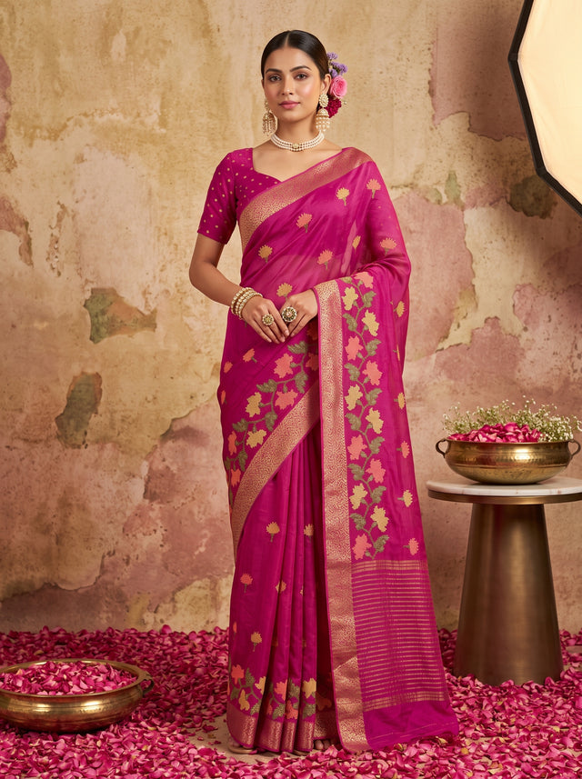 MIMOSA Wine Jaipur Pure Viscose Chiffon Saree — model full shot