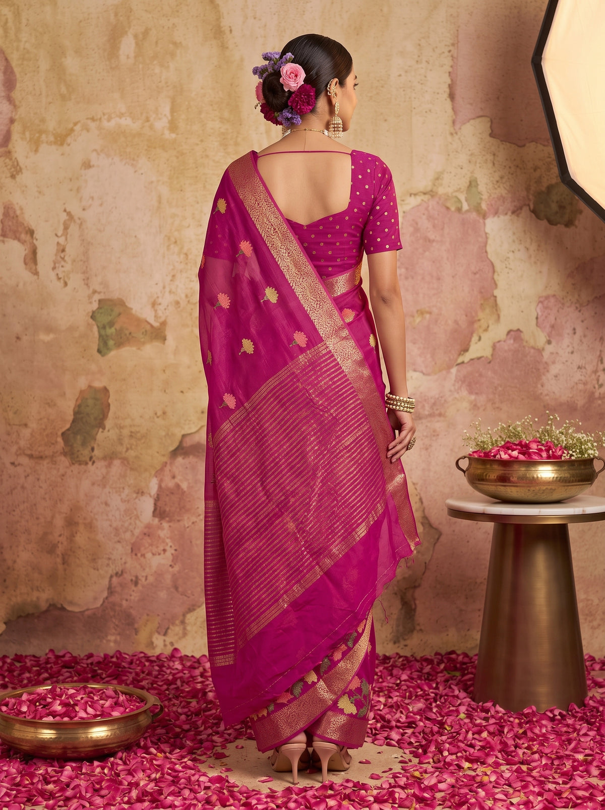 MIMOSA Wine Jaipur Pure Viscose Chiffon Saree — model upper body