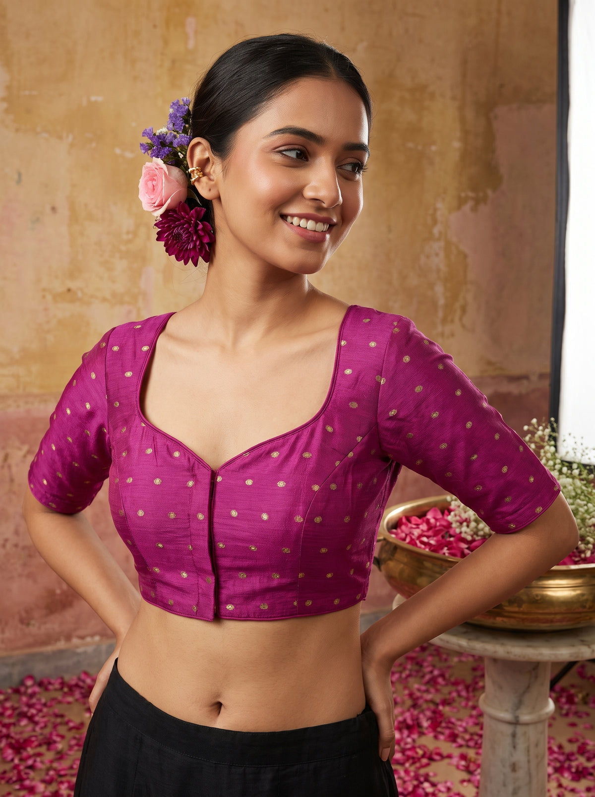 MIMOSA Wine Jaipur Saree — blouse close-up