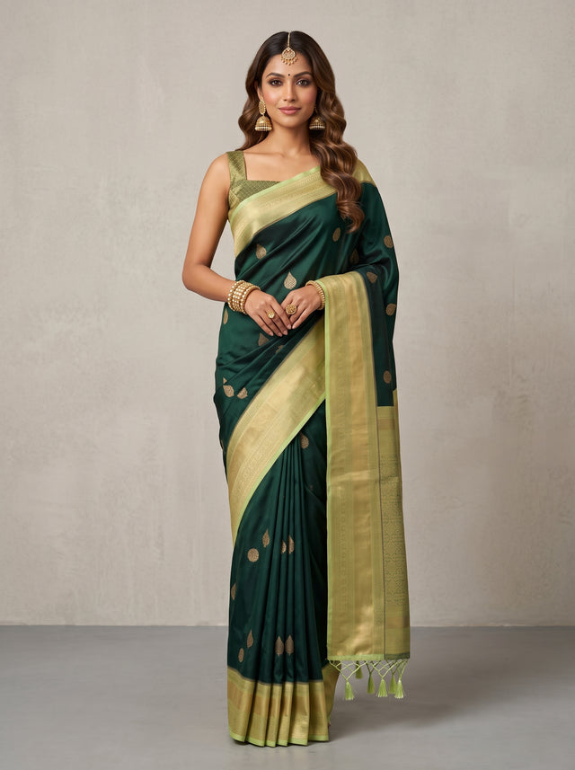 MIMOSA Bottle Green Kanjivaram Saree — front view on mannequin