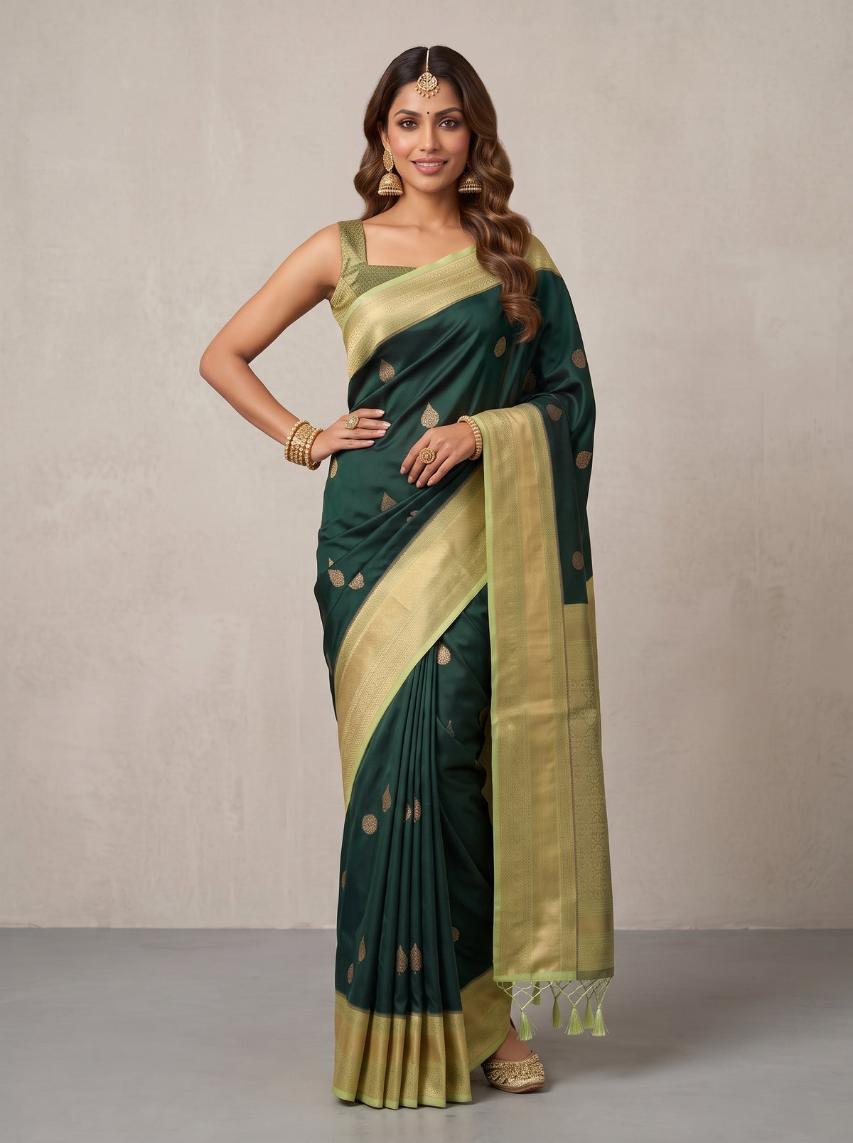 MIMOSA Bottle Green Kanjivaram Saree — pose 4 styling detail