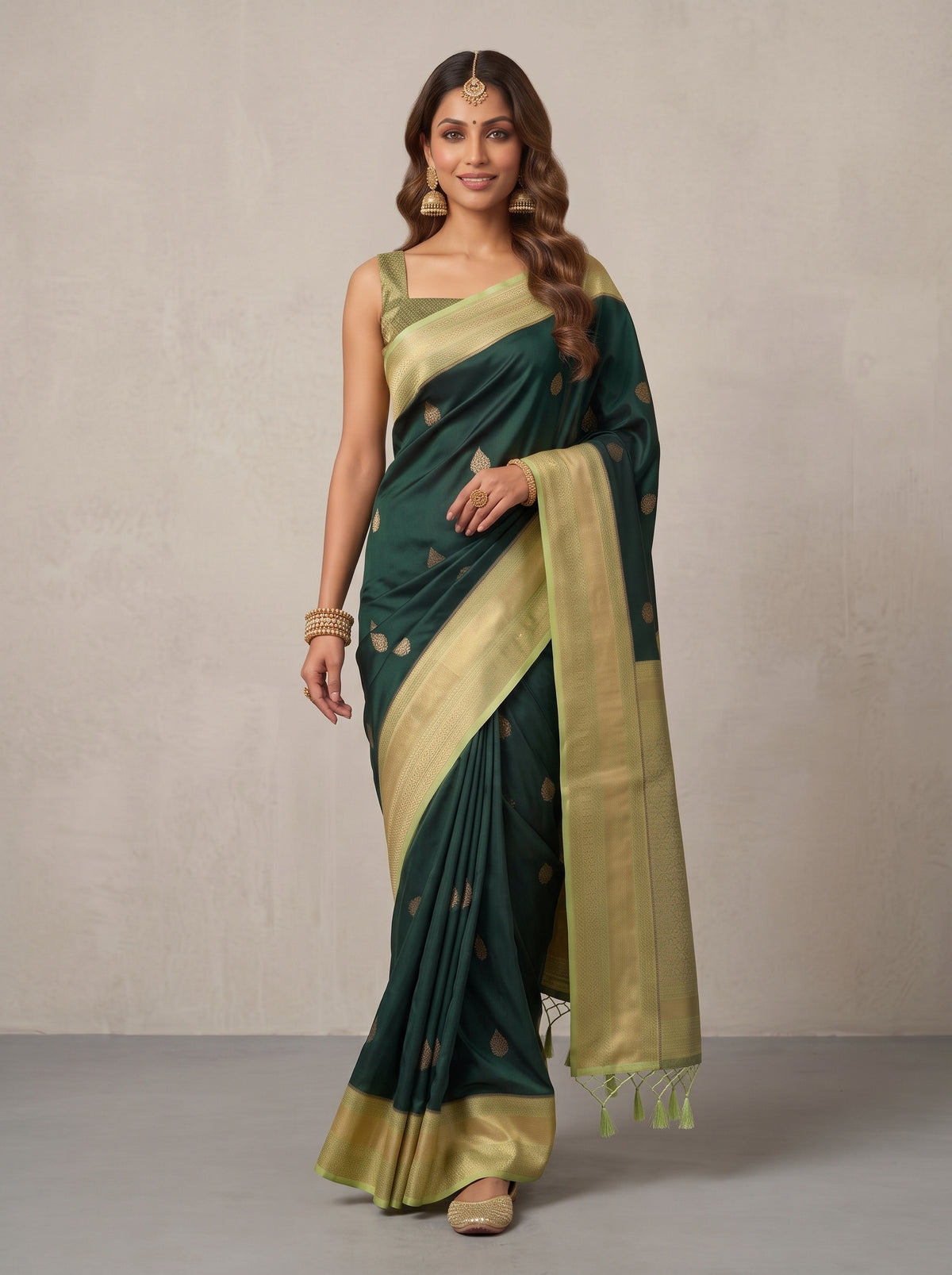 MIMOSA Bottle Green Kanjivaram Saree — pose 6 styling detail