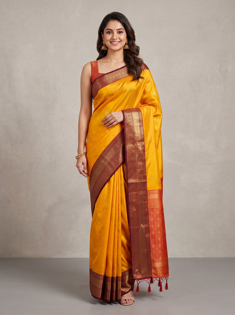 MIMOSA Gold Kanjivaram Saree — front view on mannequin