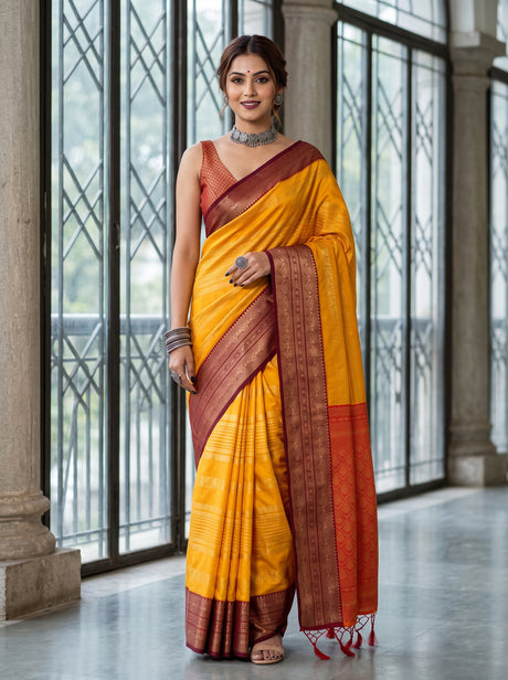 MIMOSA Gold Kanjivaram Art Silk Saree — Model wearing