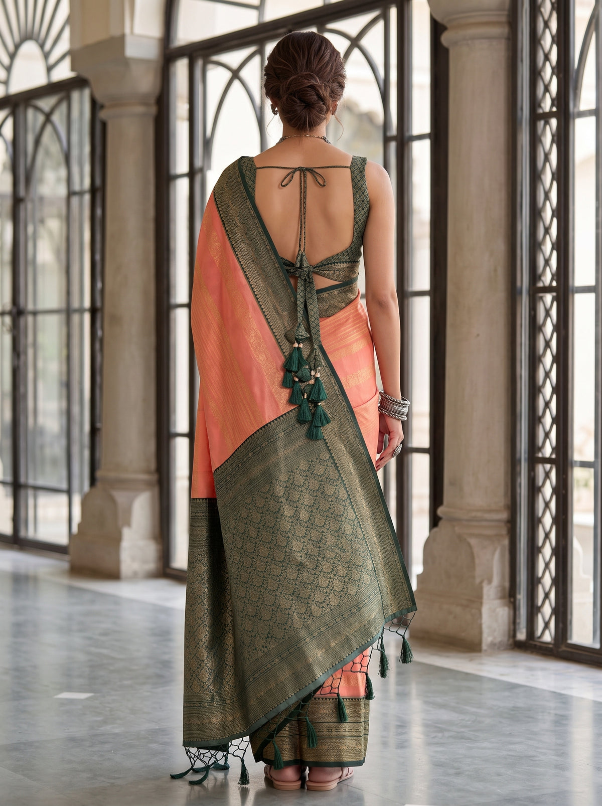 MIMOSA Peach Kanjivaram Art Silk Saree — Saree pallu and body details