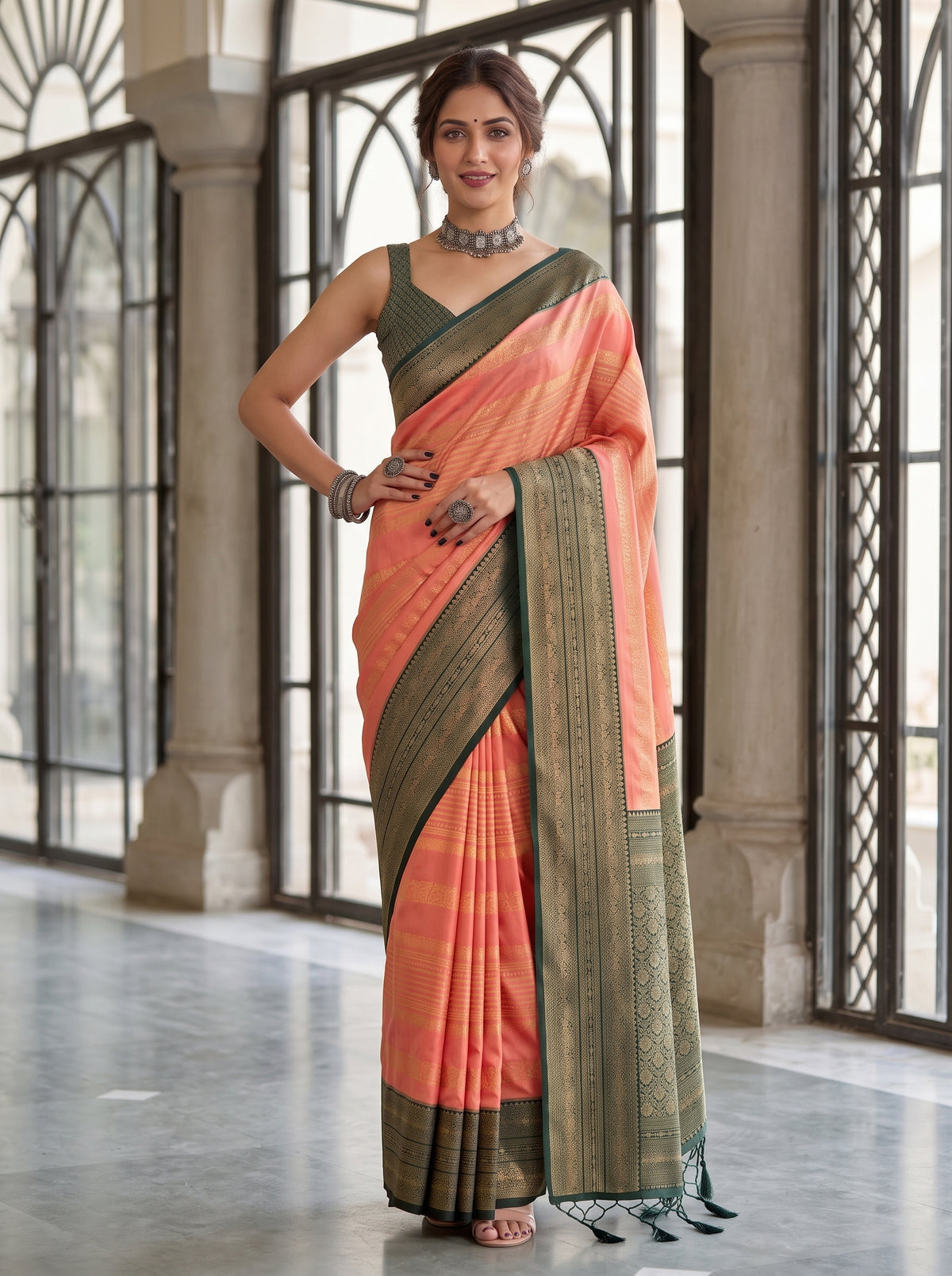 MIMOSA Peach Kanjivaram Art Silk Saree — pose 4 styling detail