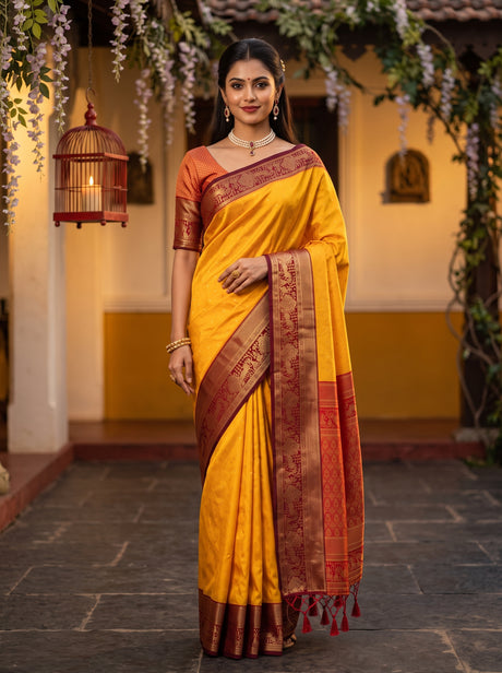 MIMOSA Gold Kanjivaram Art Silk Saree — AI model lifestyle pose