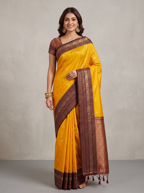 MIMOSA Gold Kanjivaram Saree — front view on mannequin