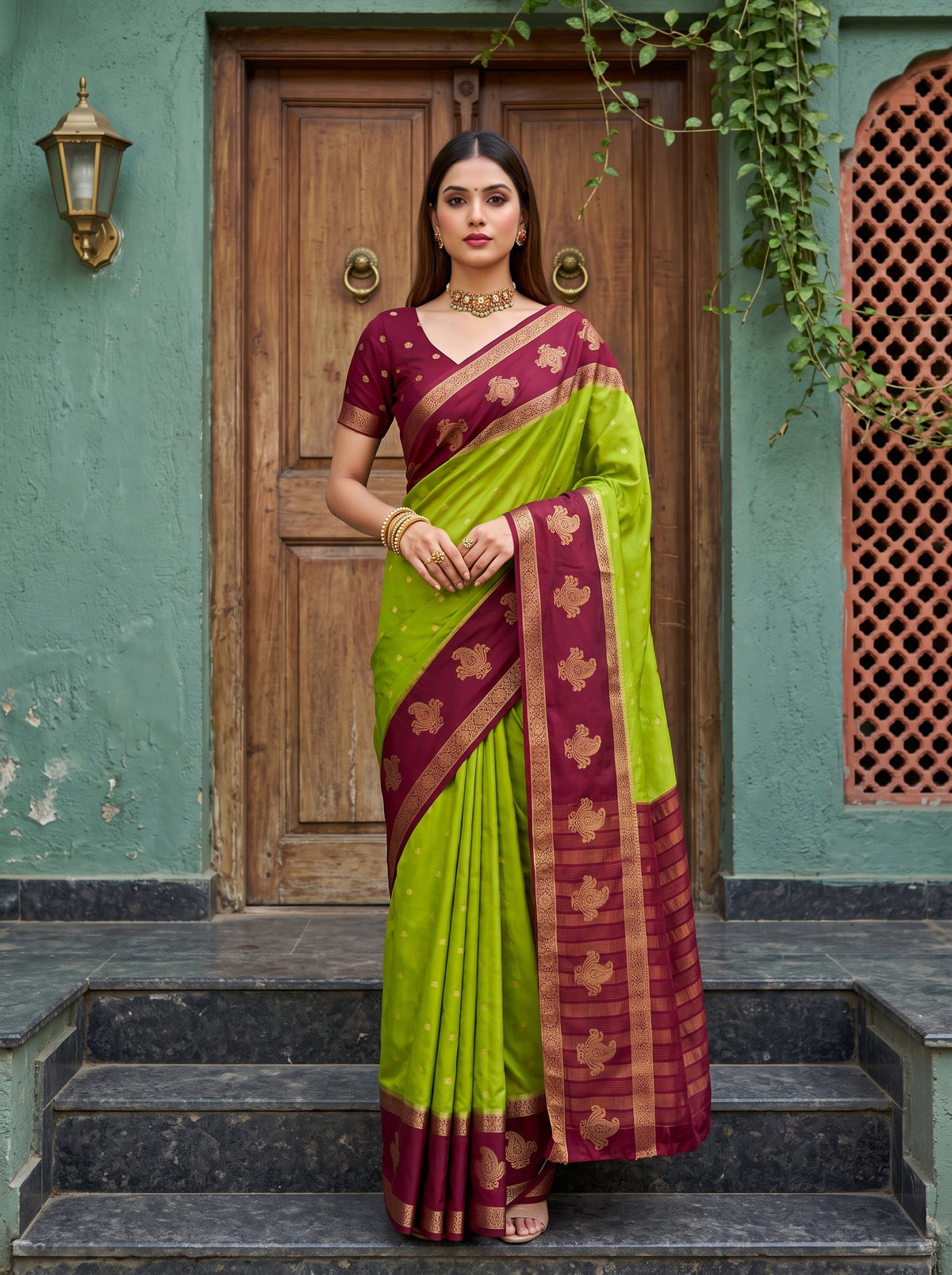 MIMOSA Olive Mysore Silk Crepe Saree — front view on mannequin