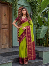 MIMOSA Olive Mysore Silk Crepe Saree — pose 4 styling detail