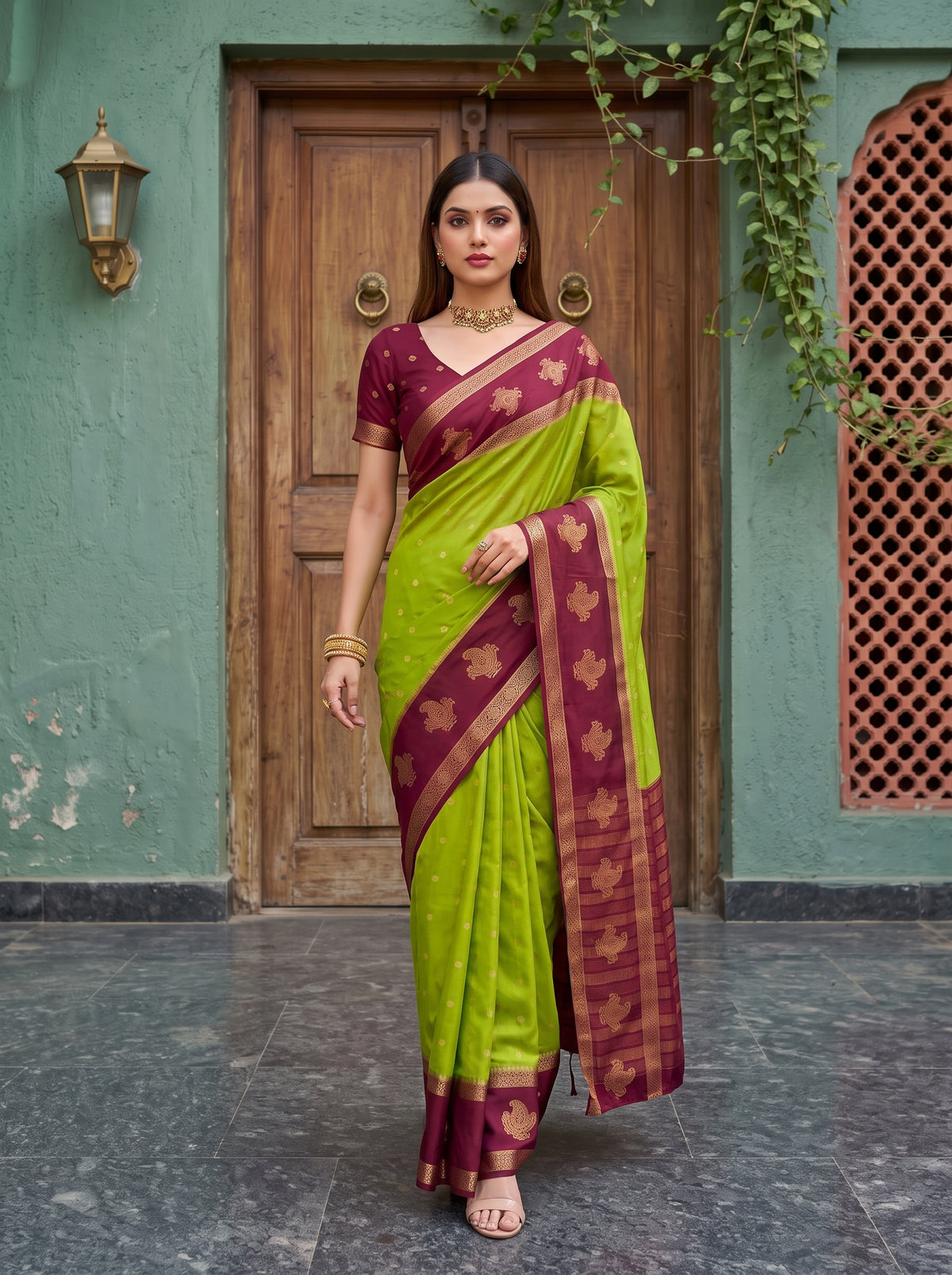 MIMOSA Olive Mysore Silk Crepe Saree — pose 6 styling detail