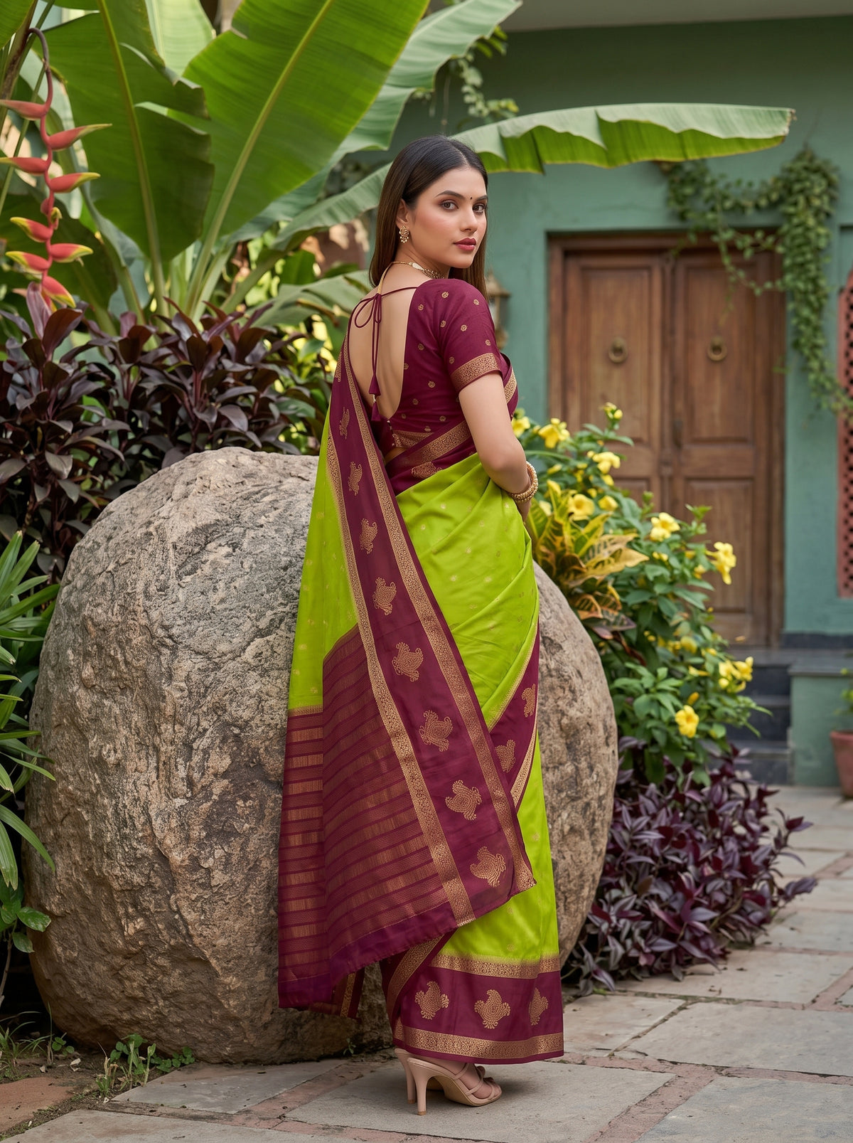 MIMOSA Olive Mysore Silk Crepe Saree — pose 7 styling detail