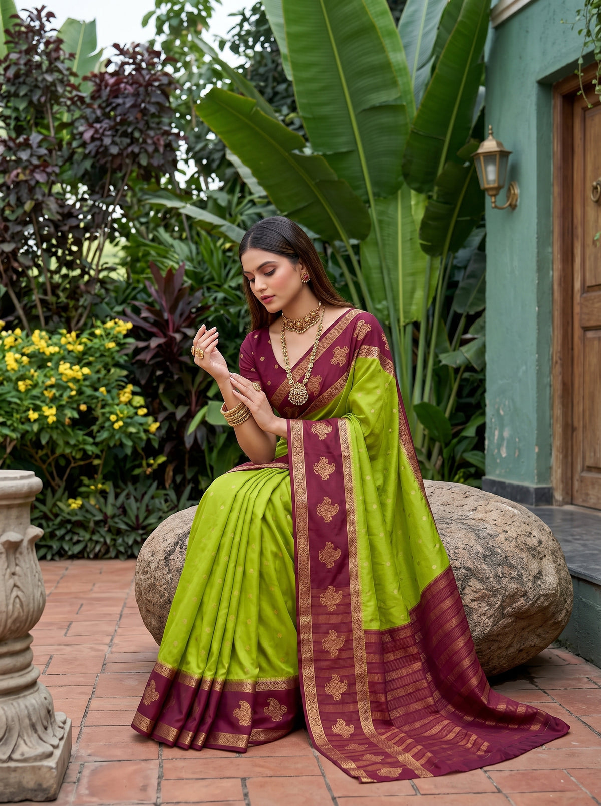 MIMOSA Olive Mysore Silk Crepe Saree — pose 8 styling detail