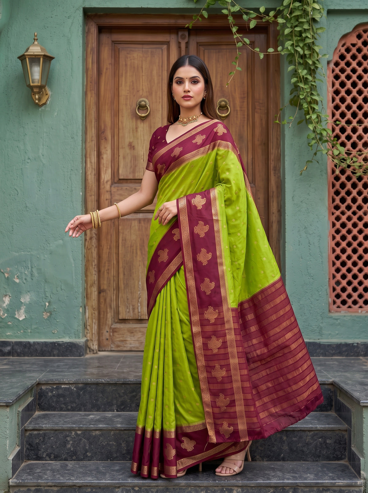 MIMOSA Olive Mysore Silk Crepe Saree — pose 9 styling detail