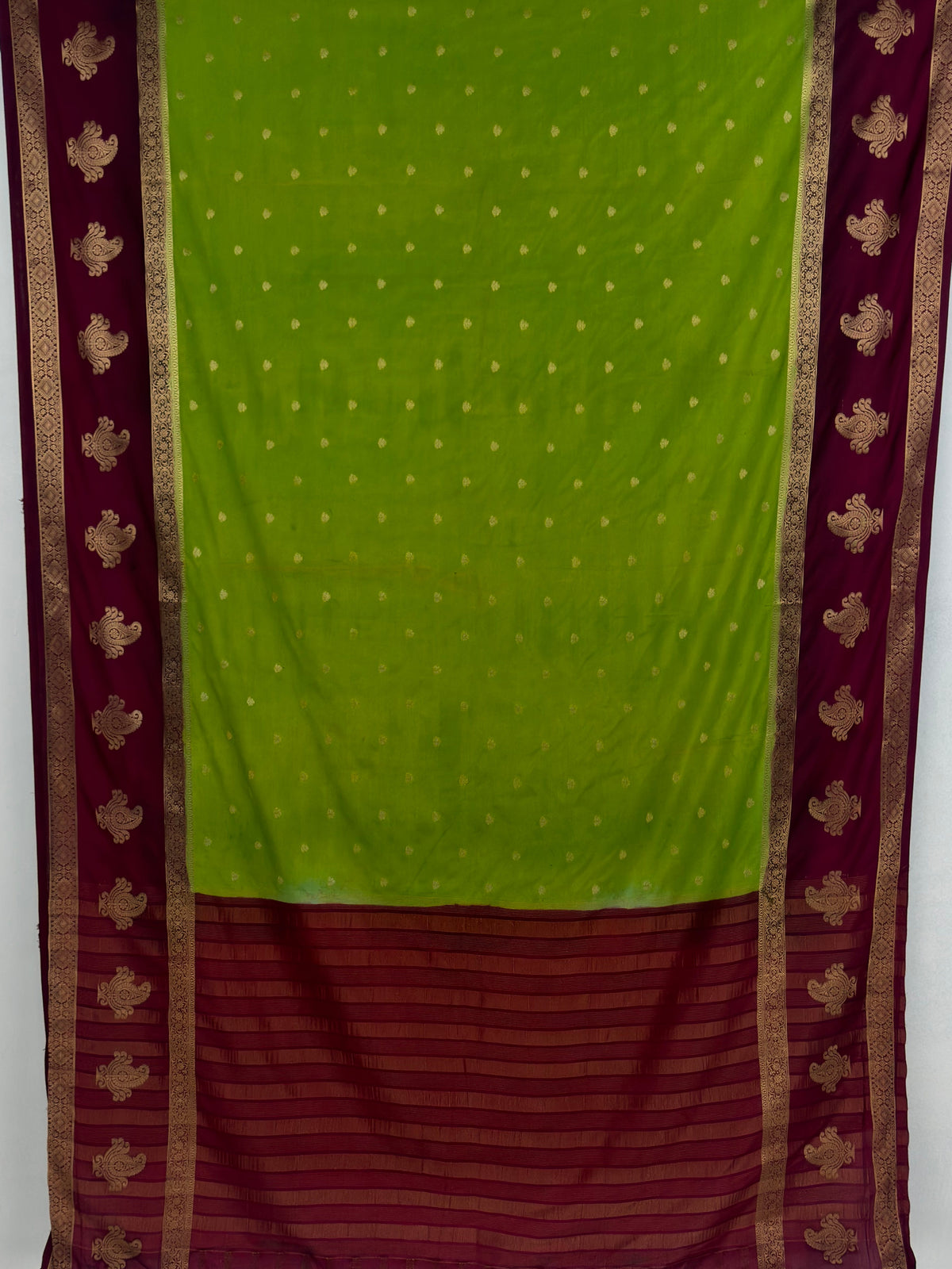 MIMOSA Olive Mysore Silk Crepe Saree — pallu and zari work detail
