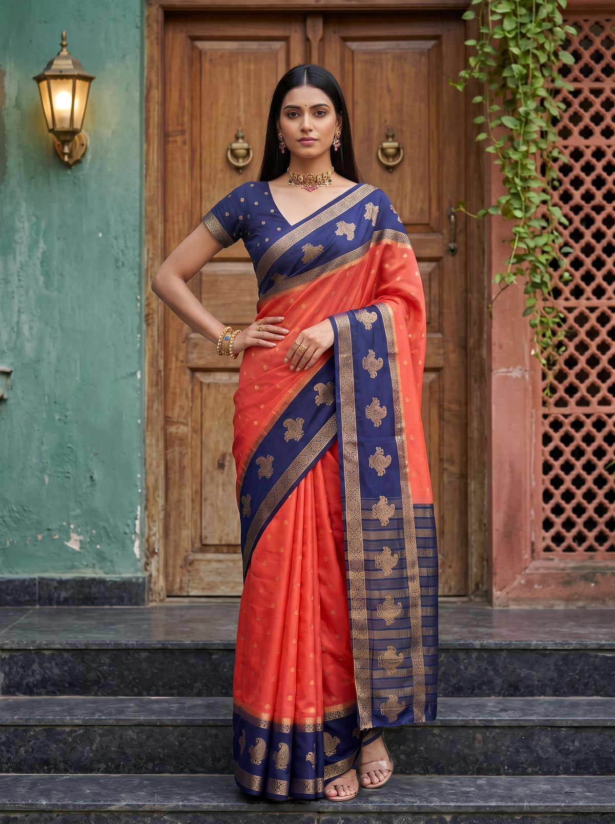 MIMOSA Peach Mysore Silk Crepe Saree — pose 4 styling detail